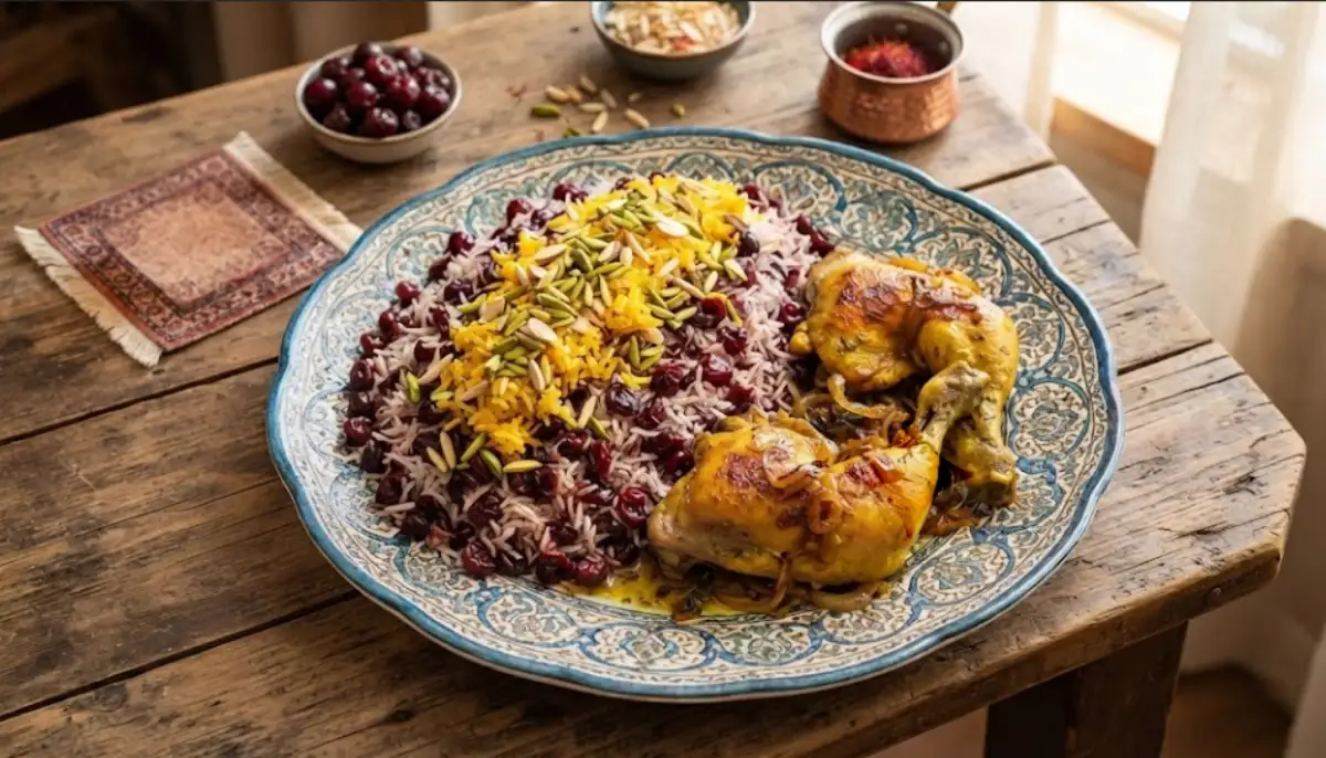Albaloo Polo with Chicken and Pistachios