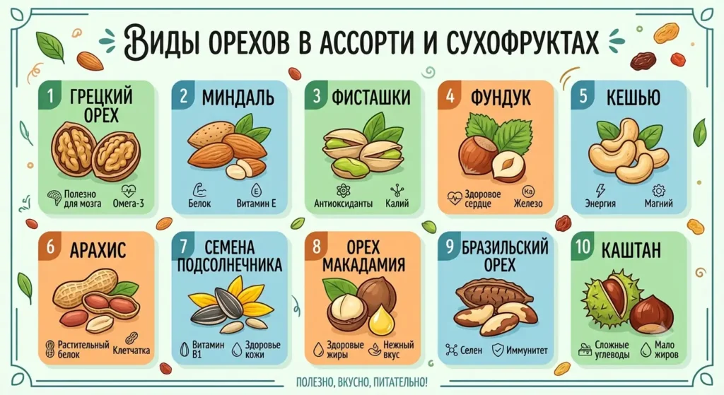Виды орехов в ассорти и сухофруктах